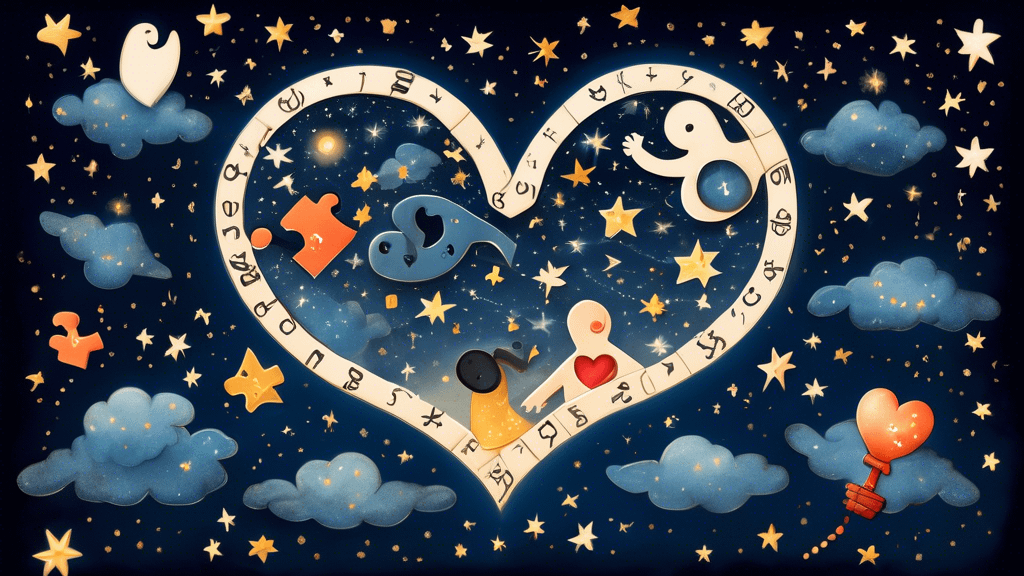 A whimsical, romantic illustration of two puzzle pieces floating in a starry night sky, perfectly fitting together to form a heart shape. The puzzle pieces