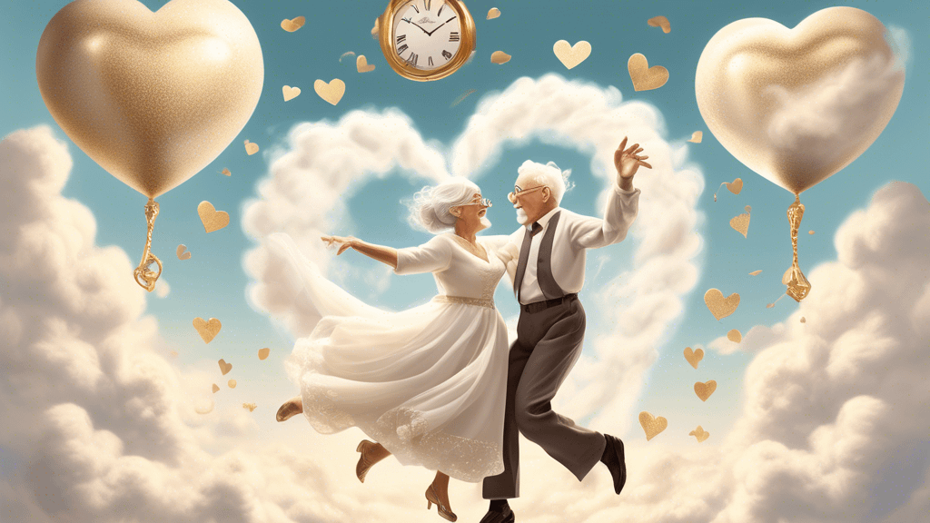 A romantic and whimsical illustration of an older couple in their 60s, dancing on clouds shaped like hearts. They're dressed in wedding attire, with the wo