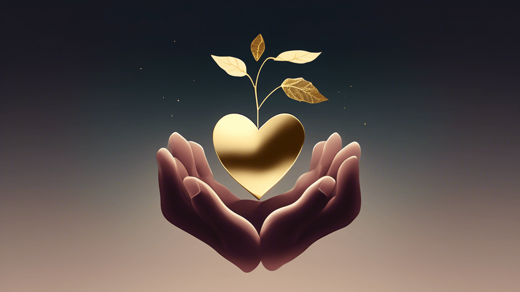 An image of two hands tenderly holding a small potted plant with a heart-shaped leaf. The pot is cracked but carefully mended with gold, symbolizing the Ja