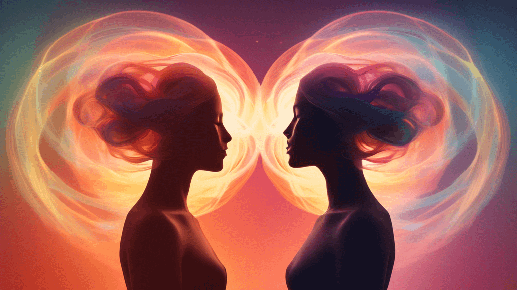 A serene, ethereal image depicting two silhouettes facing each other, their bodies composed of swirling, colorful energy. Between them, eight glowing orbs