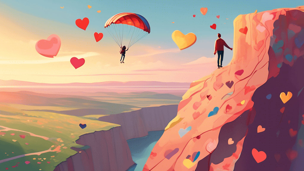 A person standing at the edge of a cliff, one foot stepping forward off the ledge. They're wearing a parachute decorated with colorful hearts. In the backg