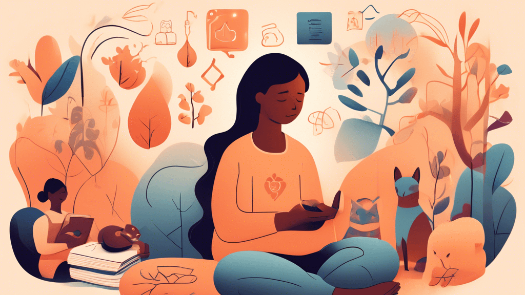 A warm, comforting illustration showing a person embracing themselves with a soft glow around them, surrounded by various symbols of connection: a phone, a