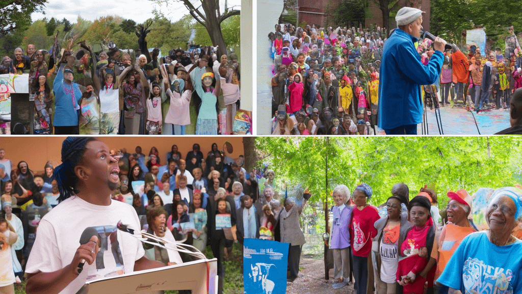 A split-screen image showing two contrasting scenes: On the left, a person standing on a podium speaking into a microphone with a crowd listening passively
