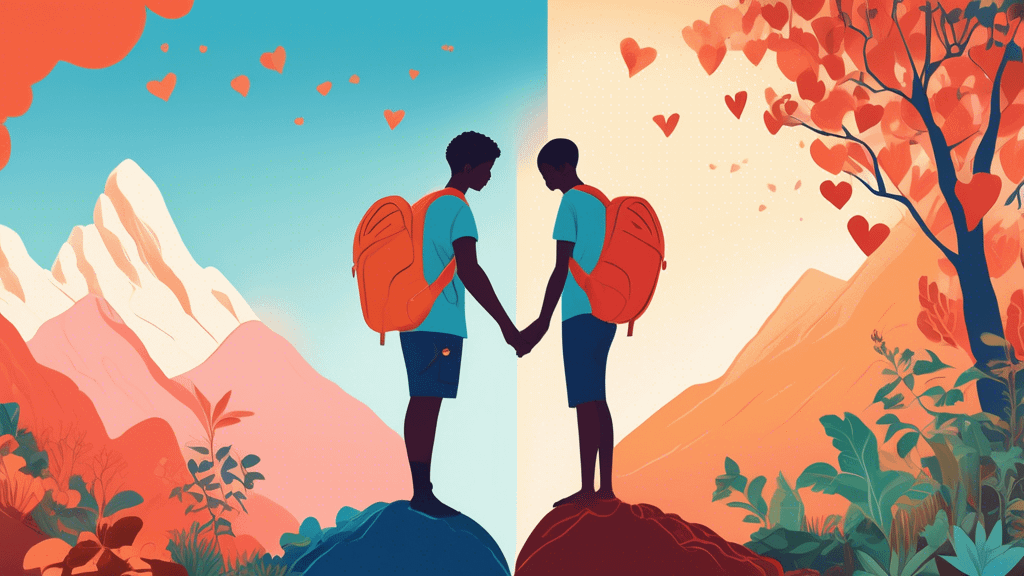 A split-screen image showing two people growing together: on one side, a couple tending to a lush garden of heart-shaped plants, symbolizing nurturing love