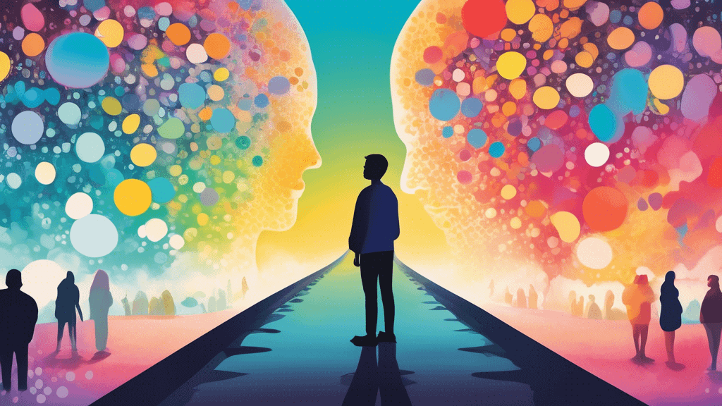 A vibrant, split-screen image: On one side, a person looking unsure and hesitant, surrounded by faded, negative thought bubbles. On the other side, the sam