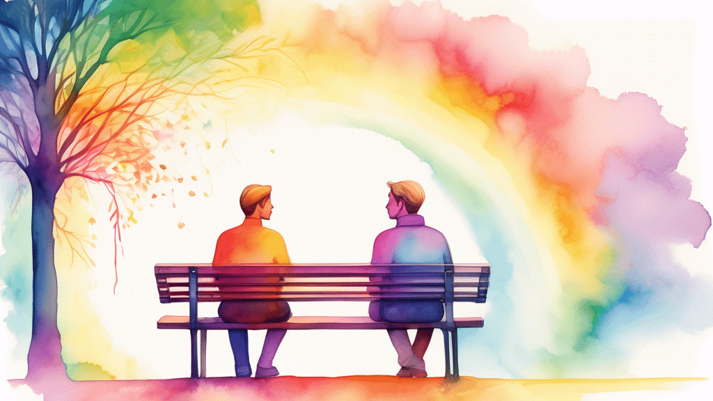 A serene couple sitting on a park bench, surrounded by a soft, glowing aura. Their heads are connected by colorful, intertwining threads representing diffe