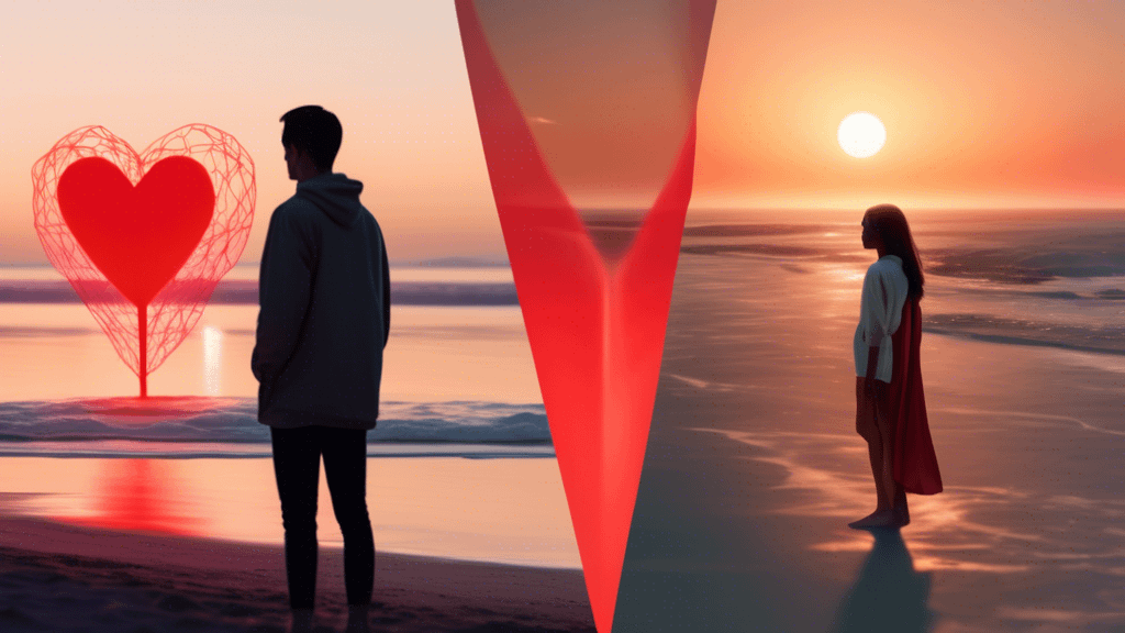 A split-screen image showing two people in different locations, connected by a glowing red heart. On one side, a person stands on a beach at sunset, while