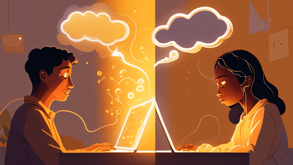 A split-screen image: On one side, a couple embracing warmly through a computer screen, their faces glowing with trust and affection. On the other side, a