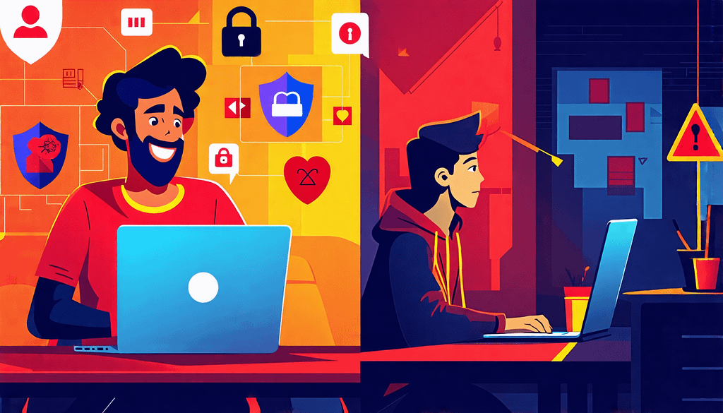 A split-screen digital illustration showing two contrasting online dating scenarios: On the left side, a person sitting safely at home, smiling while vide