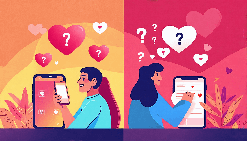 A split-screen image: On one side, a person smiling at their phone with hearts floating above, representing successful online dating. On the other side, a