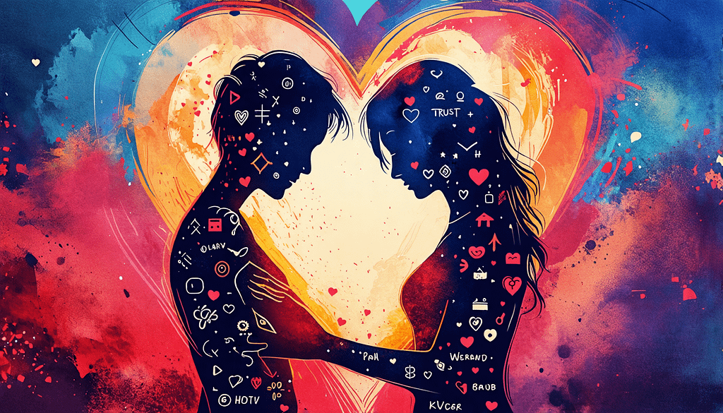 A thoughtful, abstract illustration showing two silhouettes embracing, with a heart shape formed between them. The heart contains various symbols represent