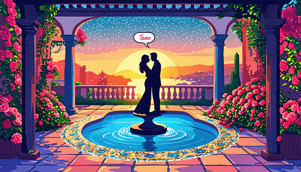 Here's a DALL-E prompt for an image related to how do you say i love you in spanish: A romantic scene with a heart-shaped speech bubble containing the phr