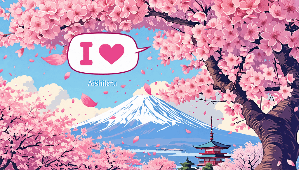 A colorful illustration showing a Japanese cherry blossom tree in full bloom, with pink petals floating in the air. In the foreground, two speech bubbles c