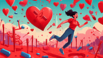 A cartoon-style illustration of a person skillfully dodging bright red bullet-shaped objects in a dating-themed obstacle course. The person is jumping and