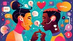 A colorful illustration showing a couple sitting face-to-face, with large, exaggerated ears and speech bubbles between them. The speech bubbles contain var