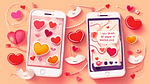 A stylized illustration showing two smartphones side-by-side, with playful, flirty text messages and emojis floating between them. The phones are decorated