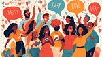 A whimsical illustration of a diverse group of happy, independent people celebrating together on February 14th. Each person is engaging in a unique, quirky