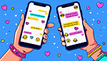 A split-screen smartphone display showing two contrasting text conversations: on one side, a vibrant, emoji-filled chat between friends with lots of activi
