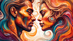 A close-up portrait of two faces, one masculine and one feminine, facing each other with intense eye contact. Their expressions are a blend of various emot