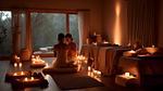 A serene, dimly lit spa-like setting with a couple embracing in the foreground. The room features elements representing holistic wellness: aromatherapy dif