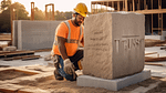 A construction worker carefully placing a large, solid stone block as the cornerstone of a building's foundation. The stone is engraved with the word TRUST