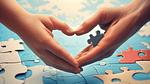 A heart-shaped puzzle with some pieces missing, set against a peaceful background. The puzzle edges are clearly defined, representing boundaries. Hands are
