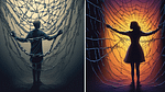 A split-screen image: on the left, a person trapped in a tangled web of chains, looking stressed and overwhelmed; on the right, the same person standing co