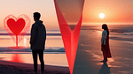 A split-screen image showing two people in different locations, connected by a glowing red heart. On one side, a person stands on a beach at sunset, while
