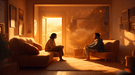 A serene couple sitting face-to-face on a cozy couch, surrounded by a warm, soft-lit living room. They're leaning in towards each other, with open body lan