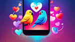 A split-screen smartphone displaying various colorful app icons, with two cartoon lovebirds perched on opposite sides of the device. The birds are connecte