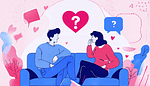 A candid illustration showing two people sitting on a couch, having an intimate conversation. One person looks thoughtful while the other listens attentive