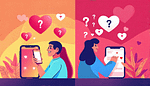 A split-screen image: On one side, a person smiling at their phone with hearts floating above, representing successful online dating. On the other side, a