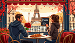 A romantic scene in a Parisian cafe, with two people sitting at a small table. One person is holding a chalkboard or notepad with Je t'aime written on it i